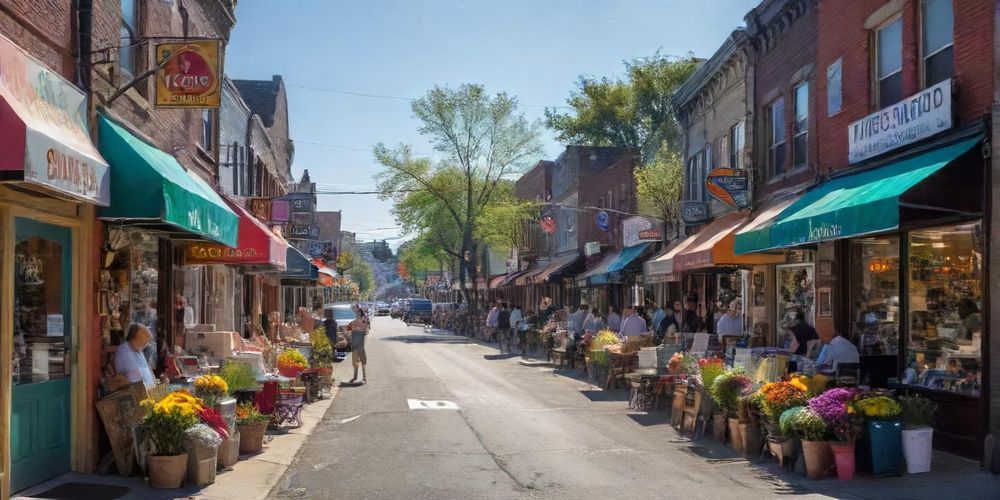 A vibrant street in a local neighborhood bustling with small businesses, colorful signs, and friendly faces of customers and shopkeepers, reflecting a close community atmosphere.