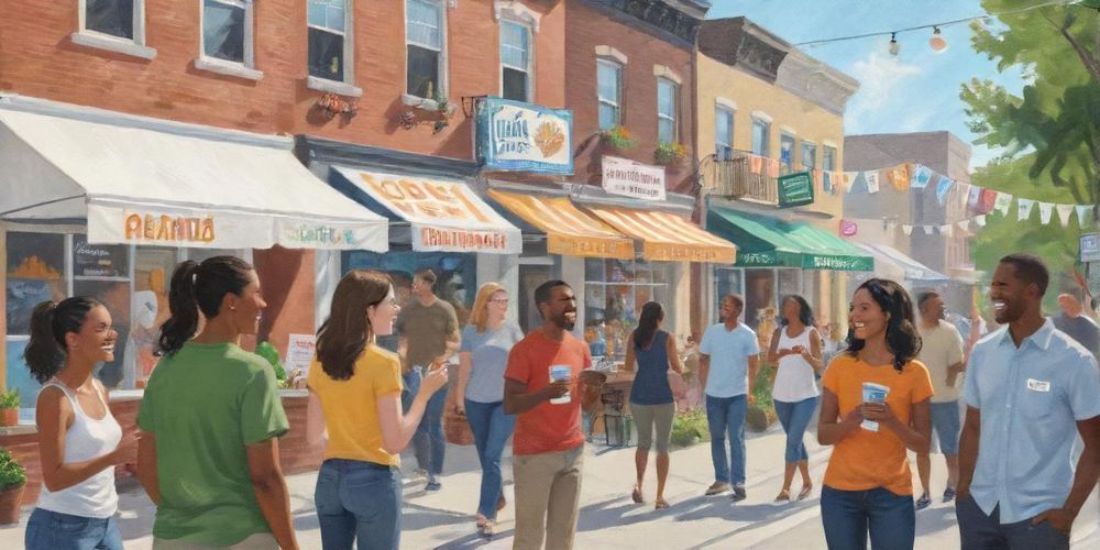 An illustration of a cheerful group of local customers happily discussing a neighborhood event, showcasing engagement and community spirit, with various local business banners in the background.