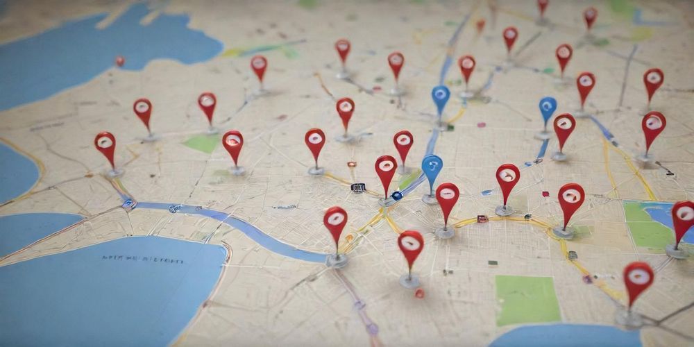 An artistic representation of a digital map with pins indicating local businesses, creating a sense of connection and community engagement among various locales.