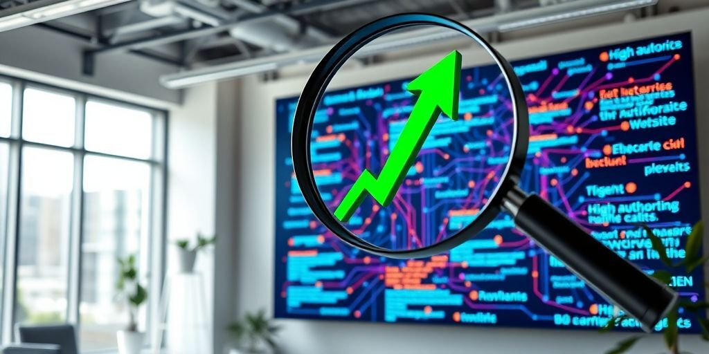 A magnifying glass over a webpage showing colorful link connections between various high-authority websites, with a green upward arrow symbolizing SEO growth, in a modern office setting.