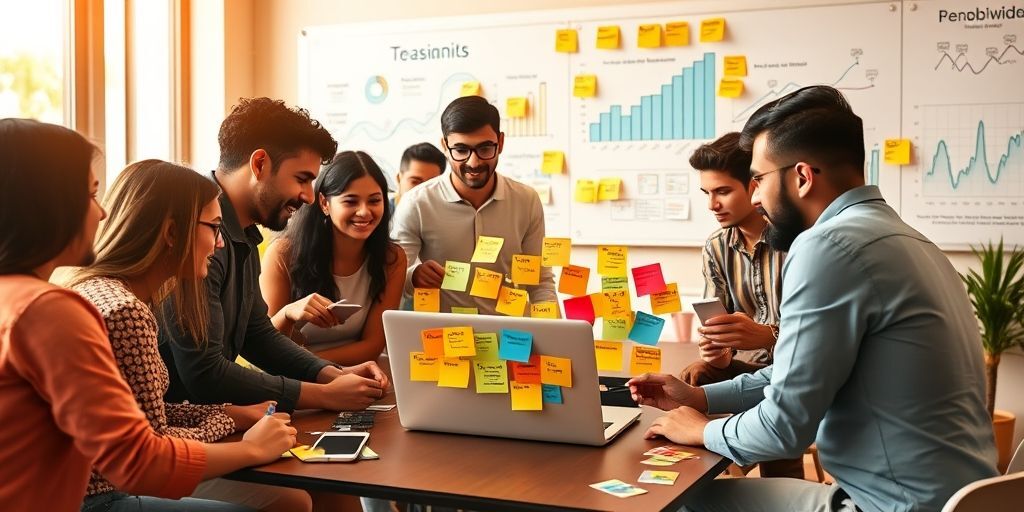 A diverse team brainstorming around a laptop displaying colorful link-building strategy diagrams, with sticky notes showing Persian keywords and growth charts on a whiteboard background.
