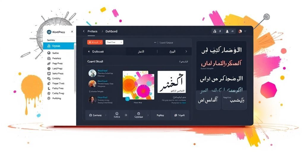 A modern, minimalist WordPress dashboard interface with customizable widgets, showing drag-and-drop functionality. Persian language visible in menu items, with a creative workspace aesthetic including digital sketch elements and vibrant accent colors.