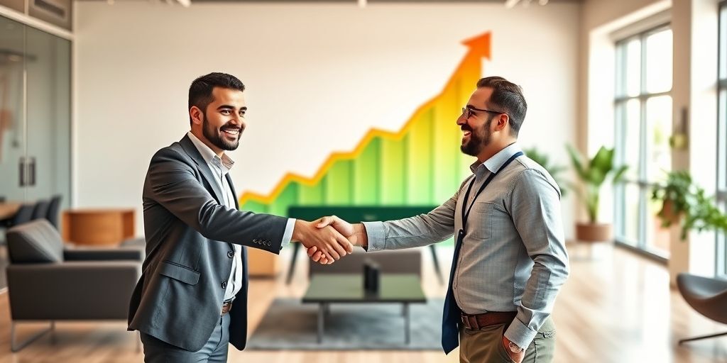 A handshake between investor and entrepreneur with a rising startup valuation graph in the background, symbolizing successful exit strategy, in a modern Iranian business setting.
