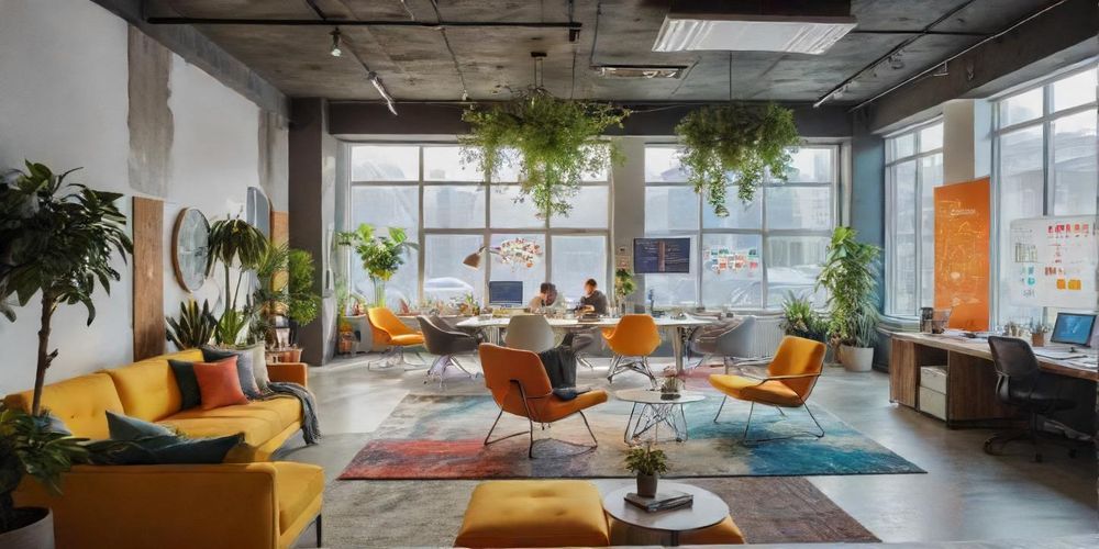 A vibrant and modern workspace with a diverse team discussing SEO strategies, showcasing engagement and collaboration in a startup environment.