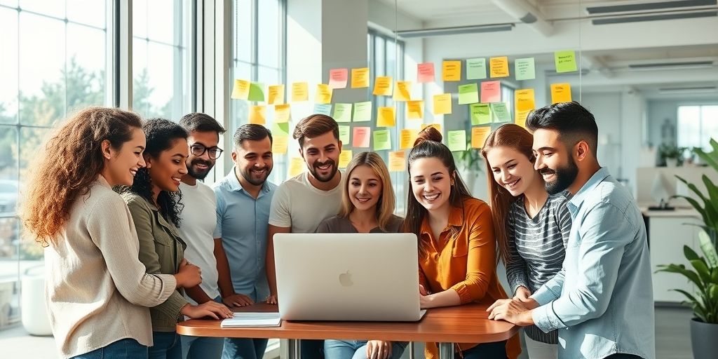 A diverse group of young entrepreneurs brainstorming around a laptop, with colorful sticky notes showing niche market ideas like "vegan pet food" and "eco-friendly yoga mats" on a glass wall, sunlight streaming through a modern office