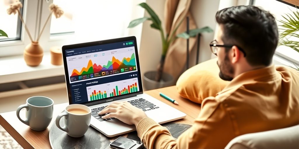 An entrepreneur using analytics dashboard on laptop showing Persian-language niche market data, with graphs highlighting keywords like "لوازم ارگانیک نوزاد" and "دوچرخه الکتریکی کوهستان", coffee cup beside laptop