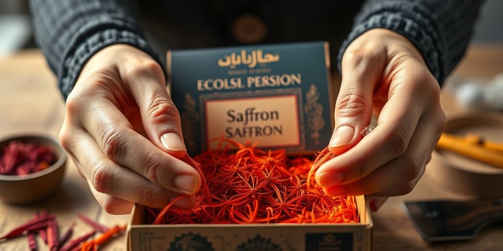 Close-up of hands unboxing a Persian niche product: eco-friendly saffron packaging with modern design, showing premium quality saffron threads, traditional motifs blended with contemporary branding