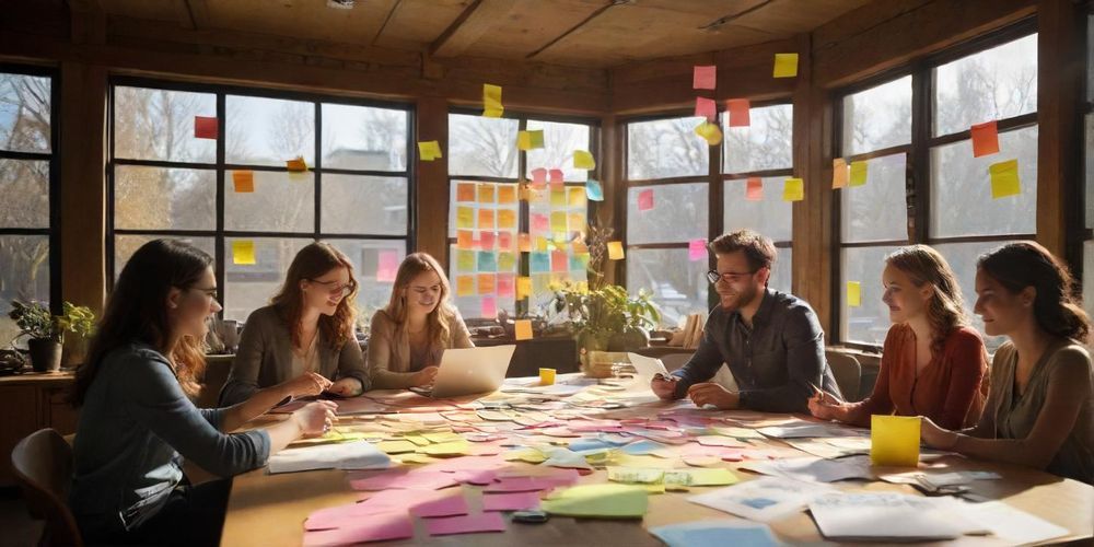 A creative workspace with professionals collaborating on niche marketing strategies, highlighting brainstorming sessions and innovative approaches to attract unique customer groups.