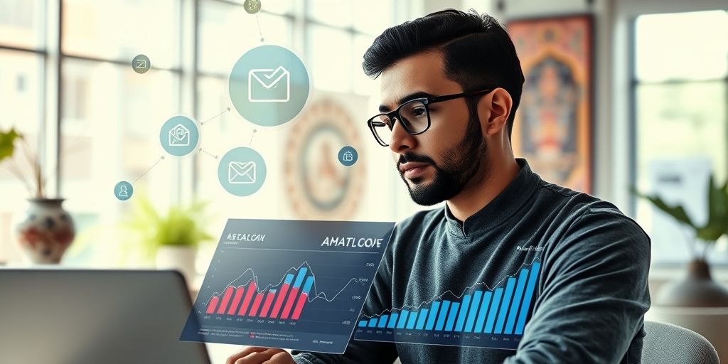 A modern marketer of Middle Eastern appearance looking thoughtfully at analytics dashboard showing email open rates, with AI icon overlays floating above the screen, in a bright office environment with traditional Persian ceramic art subtly visible in background.