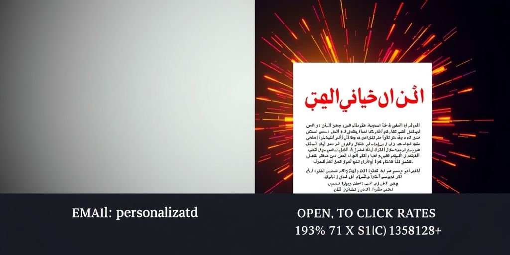 Split-screen visualization: Left side shows generic email with low engagement metrics, right side shows AI-optimized email with personalized content in Persian script, vibrant call-to-action buttons, and significantly higher open/click rates.