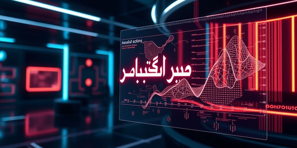 Futuristic holographic interface displaying evolving email marketing analytics in Persian, with AI neural networks visually adapting content in real-time for different audience segments.