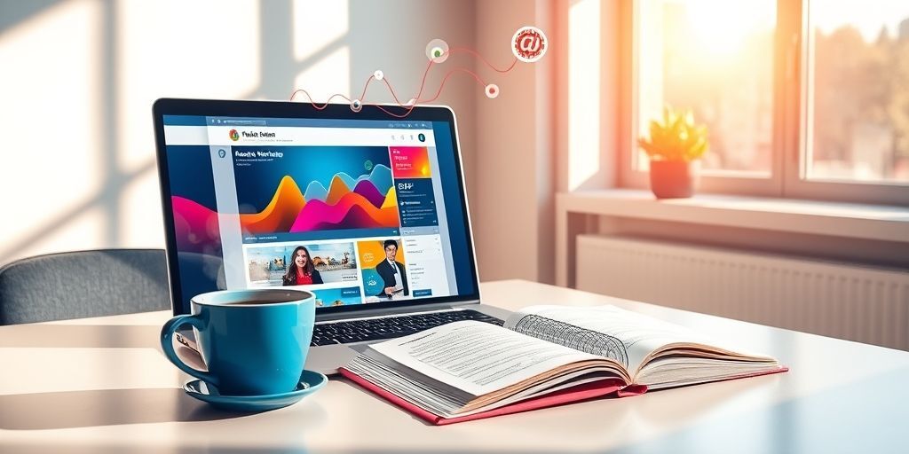 A modern workspace with a laptop showing AI-generated Persian social media content, colorful analytics graphs floating above the screen, and a cup of coffee beside a notebook with creative ideas, conveying digital innovation.