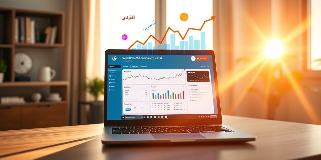 A modern laptop showing WordPress dashboard with AI tools interface, colorful data visualization graphs hovering above keyboard, Persian text visible on screen, sunlight streaming through window onto workspace