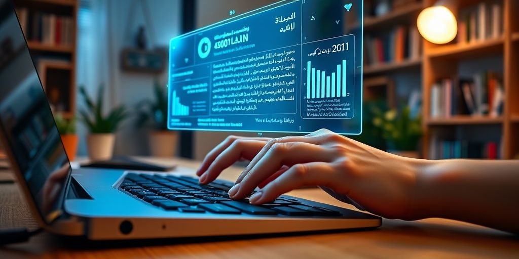 Close-up of hands typing on keyboard with holographic AI interface floating above, showing Persian text analytics and content optimization suggestions, in a cozy home office setting