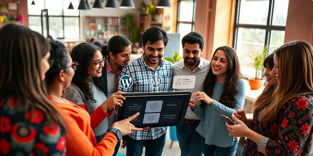 A diverse team collaborating around a tablet showing WordPress and AI icons, with Persian text content strategy diagrams, in a vibrant modern coworking space