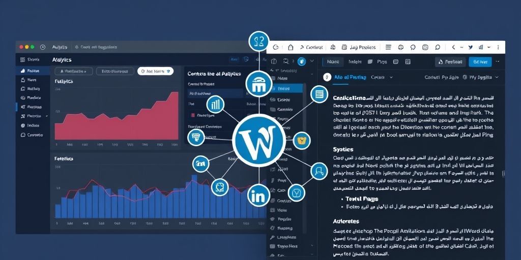 A split screen showing popular AI tools integrated with WordPress: left side displays analytics dashboard, right side shows content creation interface with Persian text suggestions, with floating AI icons connecting both sides