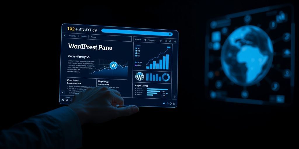 Futuristic holographic interface floating above a WordPress site, showing Persian text analytics and 3D consumer behavior patterns, with a hand interacting with light projections in a dark room