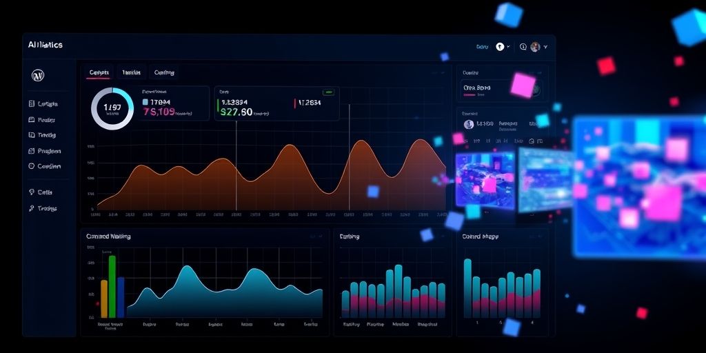 A modern dashboard showing AI analytics for a WordPress site, with colorful graphs tracking user engagement metrics like time on page and click patterns, displayed on a sleek dark interface with floating digital elements.