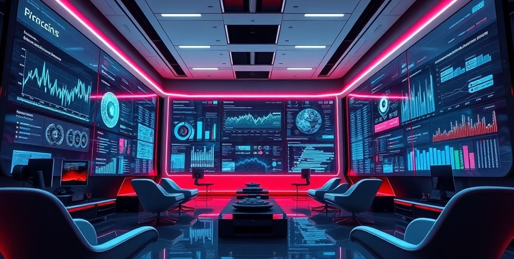 A futuristic office with AI-powered computers analyzing user data for website optimization, high-tech screens displaying charts and AI interfaces, vivid detail.