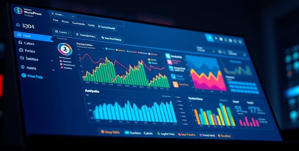 A screenshot of a WordPress dashboard with AI plugins installed, showing analytics and user interaction data, vivid and engaging.