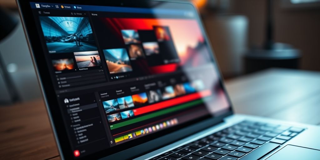 A close-up of a laptop screen displaying a video editing software interface, with vibrant video clips and editing tools, symbolizing modern content creation.