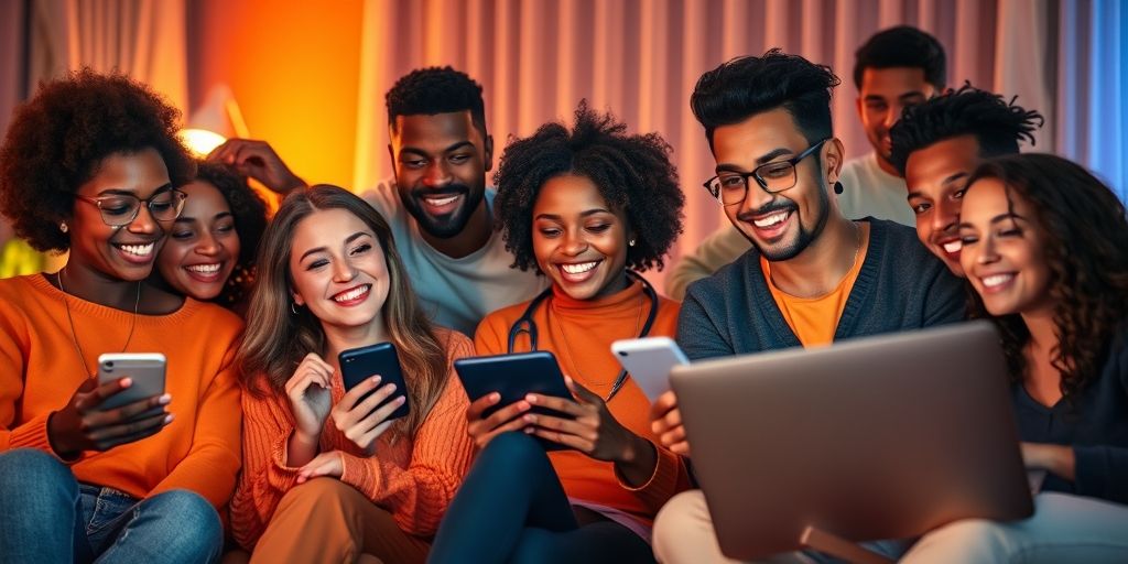 An engaging visual of a diverse group of people watching video content on their devices, illustrating interaction with technology and shared experiences.