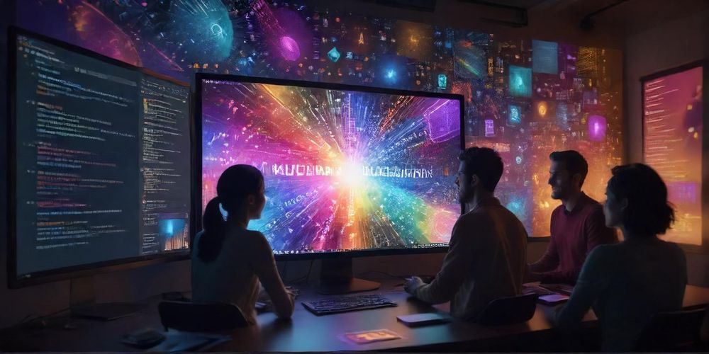 A visually appealing image representing multilingual content creation, featuring people from diverse backgrounds collaborating around a computer with images of various languages on the screen.