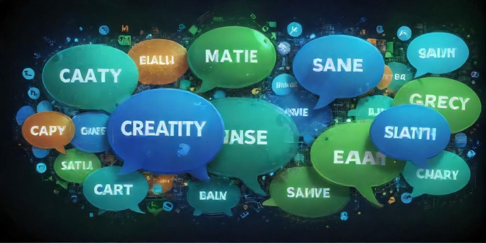 A creative design illustrating the benefits of AI in content generation, including keywords, languages, and global reach, symbolizing modern digital marketing strategies.