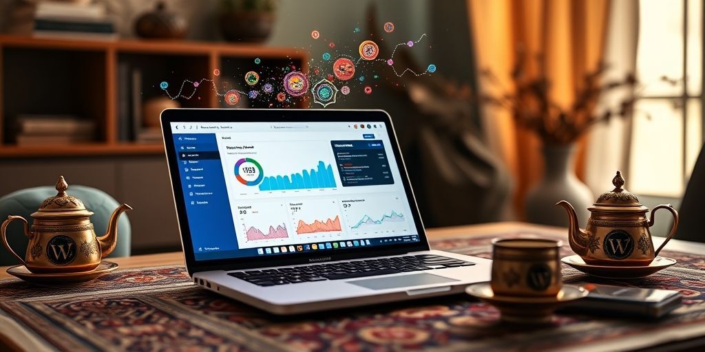 A modern laptop showing a WordPress dashboard with AI analytics overlay, colorful data visualizations floating above the screen, in a cozy workspace with a Persian tea set, conveying technology meeting tradition.