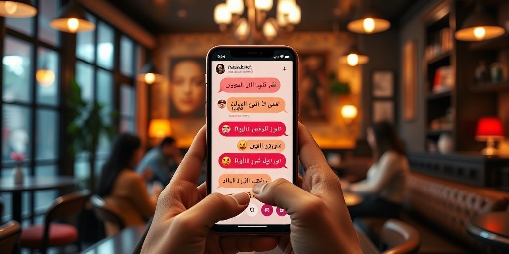 A friendly AI chatbot interface on a mobile phone, showing Persian text bubbles with emojis, hands of diverse users interacting in the background, set in a modern Iranian cafe.