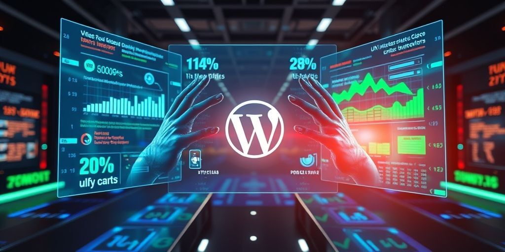 Futuristic holographic interface displaying Persian and English UX analytics, hands gesturing over 3D data visualizations, with WordPress logo glowing in the center.