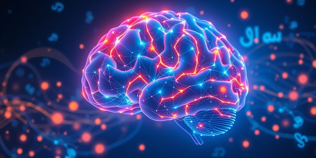 A futuristic digital brain with interconnected neural networks glowing in blue and orange, representing Google's AI algorithms processing global search data, with Persian script elements floating in the background.