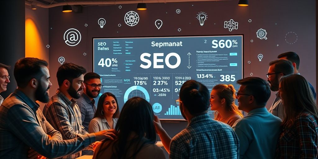 A diverse group of people collaboratively editing content strategy on a transparent screen showing SEO metrics in Persian, with AI icons floating around representing optimization assistance.