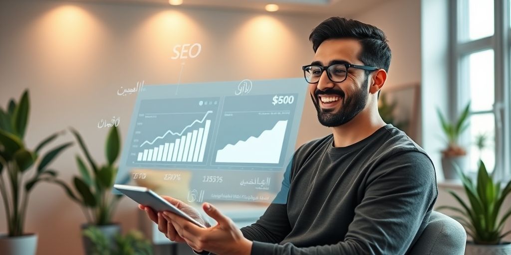 A Persian content creator smiling while analyzing real-time SEO data on a holographic screen, with AI-powered insights in Persian script floating around, in a modern home office setting.