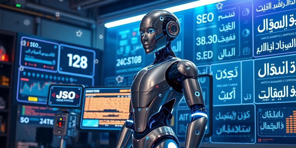 A futuristic robot with glowing neural networks analyzing Persian text and SEO metrics on multiple holographic screens, with Farsi characters floating in the background, symbolizing AI content understanding
