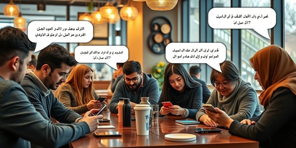 A diverse group of people using smartphones and voice assistants in a modern Tehran café, with Persian speech bubbles showing conversational search queries in Farsi, highlighting voice search trends