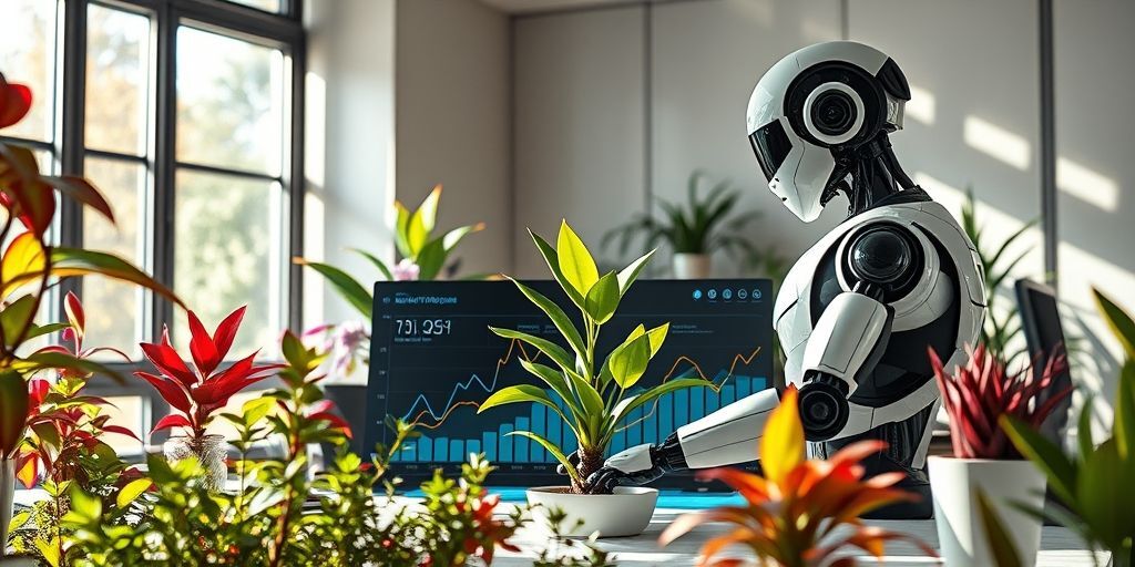 A Persian SEO expert and an AI robot collaboratively working on a dashboard showing rising analytics graphs, with a plant growing between them symbolizing human-AI partnership in digital marketing