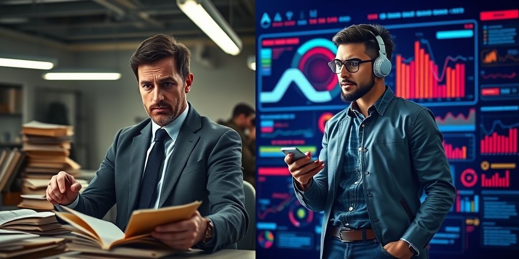 A split-screen image showing a traditional SEO expert looking worried at outdated tactics on left, versus a confident marketer using AI tools effectively on right, with data visualizations in background.