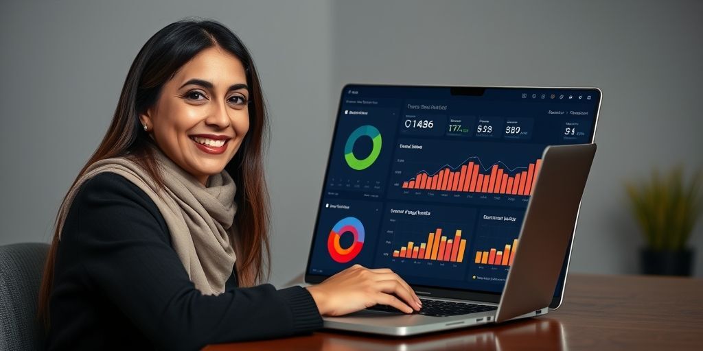 A Persian woman smiling while using a laptop showing personalized SEO analytics dashboard with Persian interface and AI-generated content suggestions tailored to local culture.