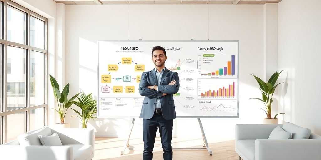 An Iranian digital marketer presenting modern SEO strategy on a whiteboard, showing AI-human collaboration flowchart with Persian annotations and positive growth charts.