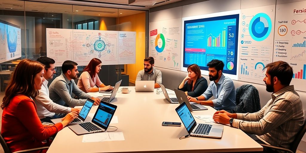 A diverse team of SEO professionals collaborating around a table with laptops, data visualization screens showing Persian keywords, and AI analytics tools, in a modern office environment with whiteboards full of strategy notes.