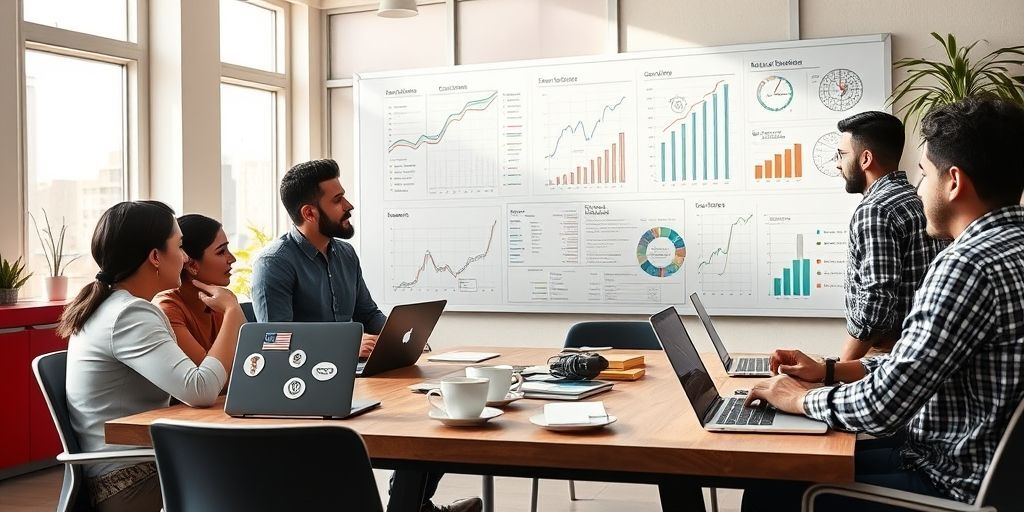 A diverse team of Iranian entrepreneurs discussing financial charts and growth metrics on a whiteboard in a modern startup office, with laptops and coffee cups on the table, showing collaboration and data analysis.