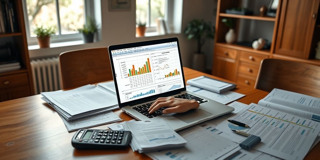 A financial analyst working on a laptop showing a complex discounted cash flow (DCF) model spreadsheet with graphs, surrounded by financial reports and a calculator, in a well-lit home office setting.