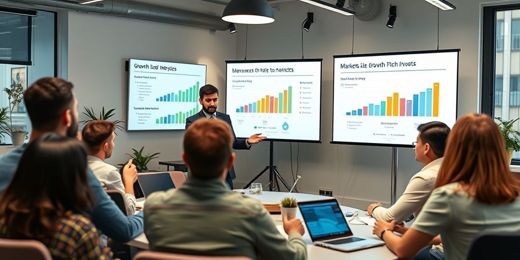 An Iranian entrepreneur presenting growth metrics and market size charts to potential investors during a pitch meeting, with modern office decor and engaged attendees.