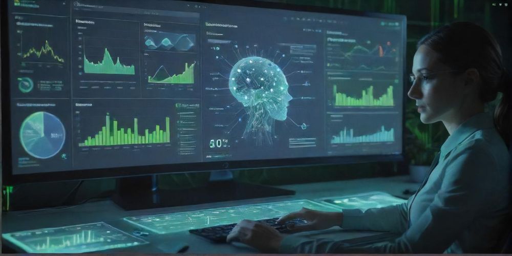 A visual representation of artificial intelligence analyzing website content, showing graphs, data points, and a friendly AI interface.