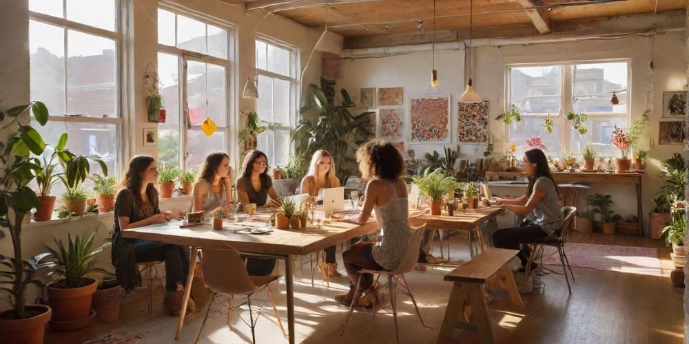 An image depicting a diverse group of web content creators brainstorming ideas with AI assistance, showcasing a collaborative workspace.