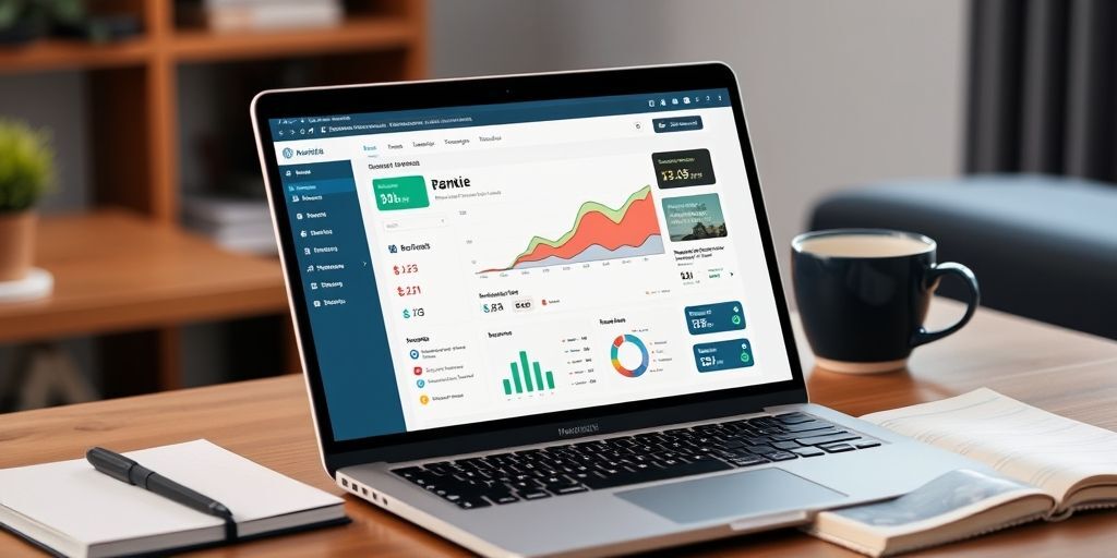 A modern laptop showing WordPress dashboard with Rankie plugin interface, colorful ranking graphs and Persian keywords displayed on screen, with a notebook and coffee cup nearby, creating a professional yet cozy workspace atmosphere.