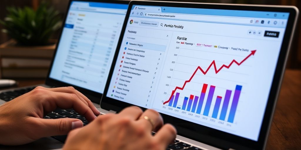 Close-up of hands typing on a keyboard with multiple browser tabs open showing Rankie reports in Persian, colorful charts visualizing keyword ranking trends over time, with focus on upward growth arrows.