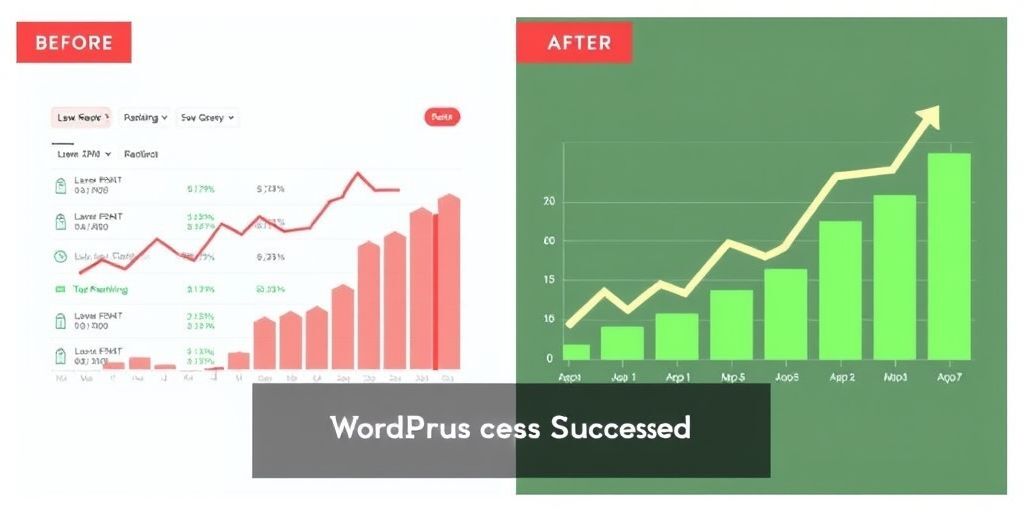 A split image showing before/after of a WordPress site: left side with low rankings and red charts, right side with top positions and green growth graphs, with Persian text overlay showing success metrics.