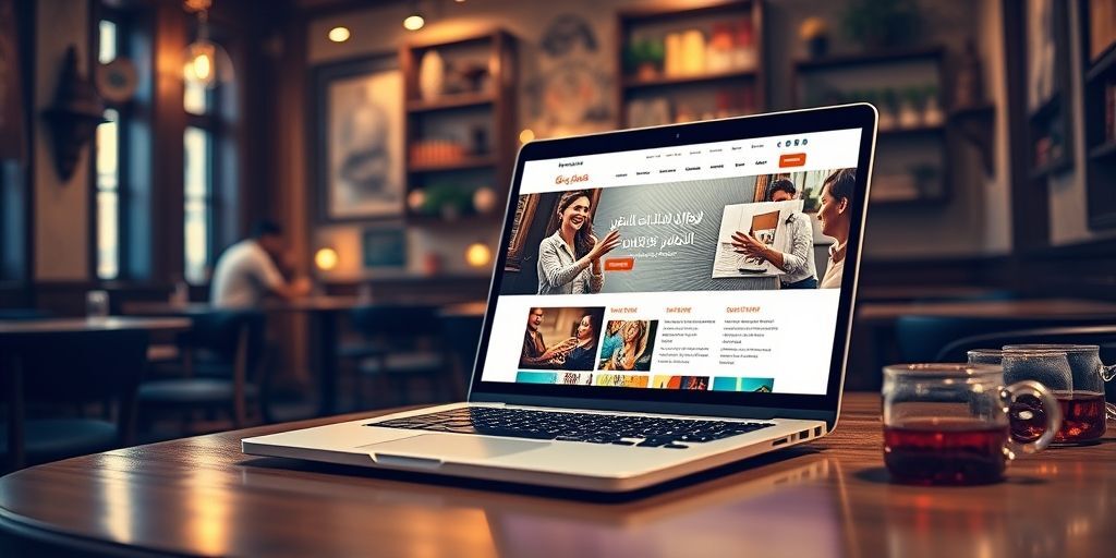 A modern laptop showing a beautifully designed Persian WordPress website with clear navigation, fast loading speed, and happy users interacting with the interface, set against a cozy Tehran café background